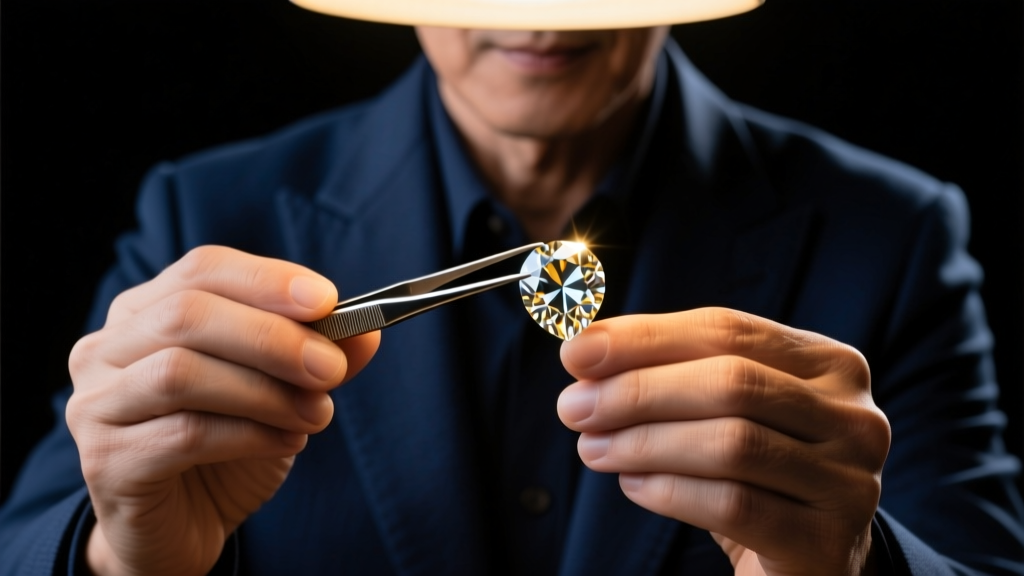 Gemologist holding tweezers with a vintage mine-cut diamond against a dark backdrop, lit by a warm spotlight in a quiet studio.