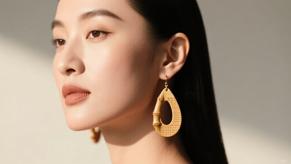 Profile portrait of a woman wearing lightweight bamboo teardrop drop earrings, highlighting contrast between wood and skin.