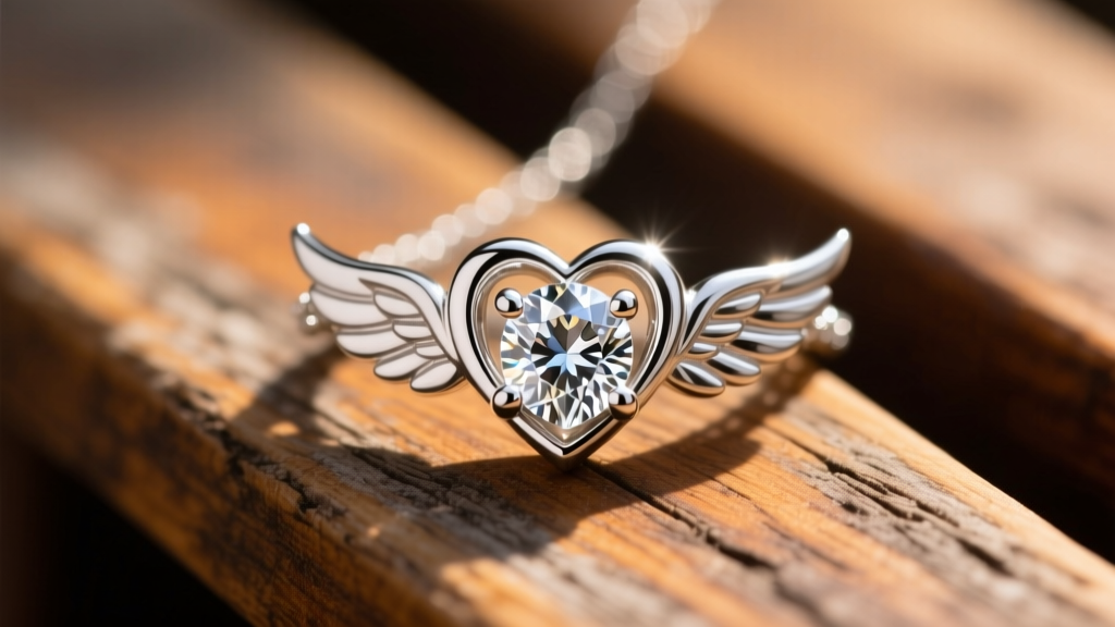 Loupe view of a platinum heart and wings pendant showing secure prongs holding a diamond in the center heart on a wooden bench.