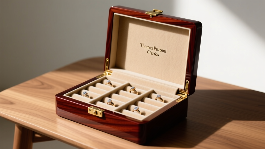 Close-up of a high-gloss cherry wood Thomas Pacconi Classics jewelry box open on a table, revealing plush beige ring rolls.