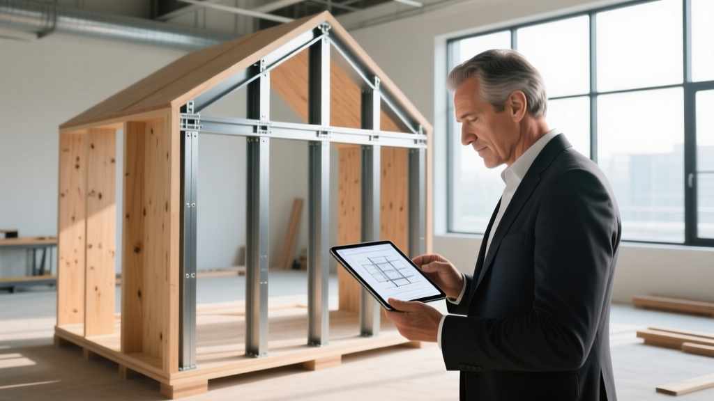 Architect reviewing light gauge steel framing blueprints on a tablet in front of a modern cross-laminated timber structural frame