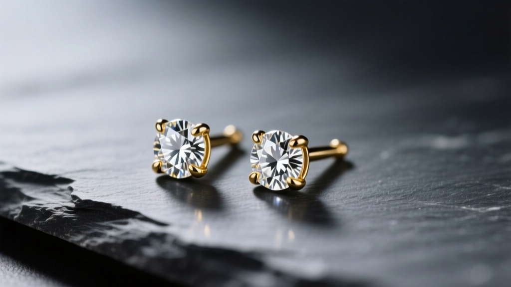 Small diamond studs on slate, lit by soft light to highlight the brilliant facet sparkle and delicate four-prong gold settings.