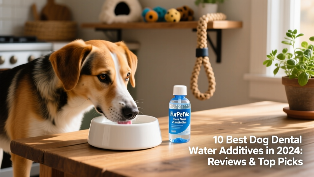 A dog drinking from a clean ceramic water bowl with a small bottle of FurPetVo dental water additive nearby