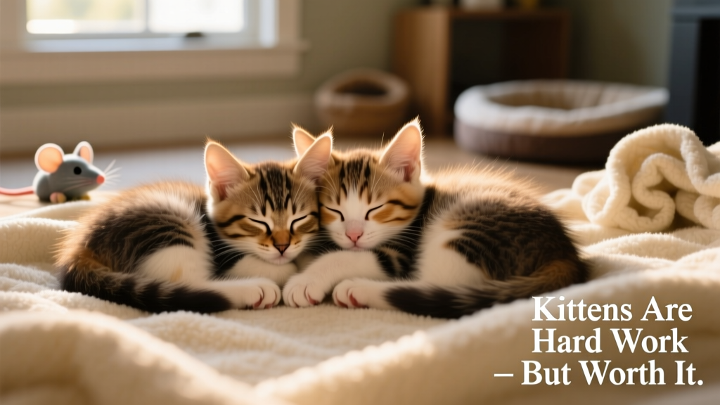 Miki and Minnie curled up together, peacefully sleeping side by side on a soft blanket