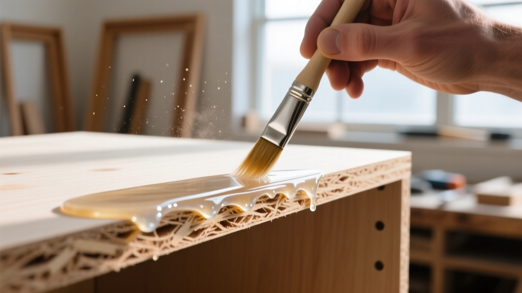Brush applying clear shellac primer to raw particleboard shelving edges to prevent sulfur off-gassing and protect silver jewelry