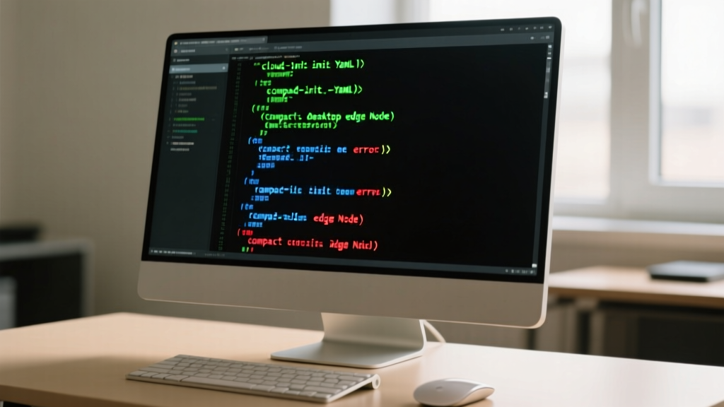 Close-up of a monitor displaying a terminal window running a cloud-init YAML script to provision a new compact desktop edge node.