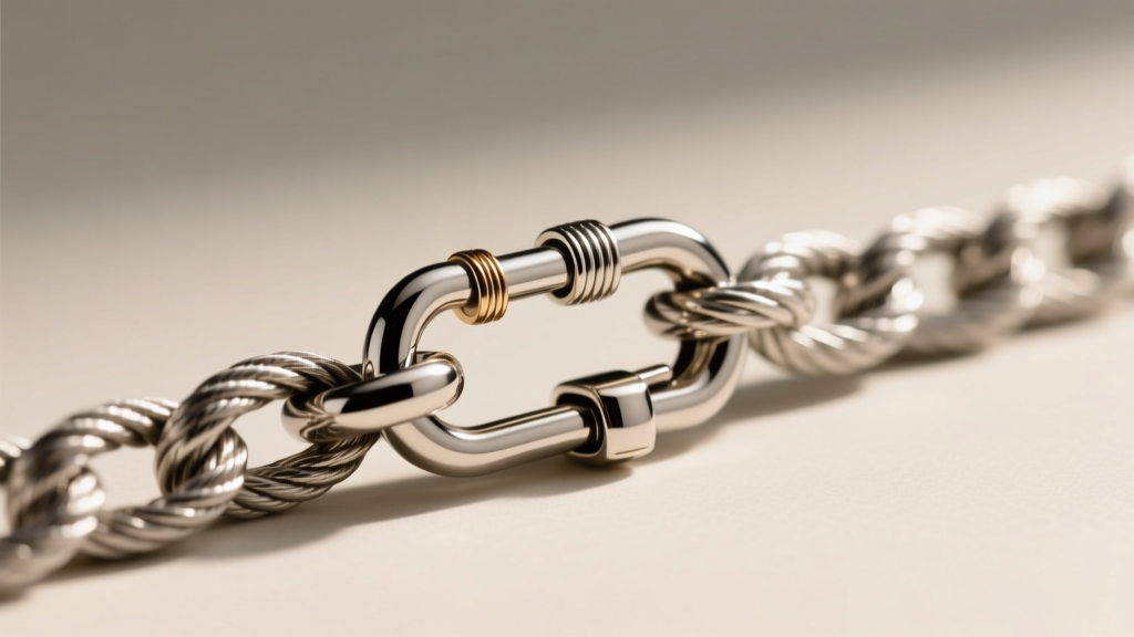 Macro shot of a lobster clasp on a 24-inch stainless steel rope chain, showing the soldered jump ring and link tension