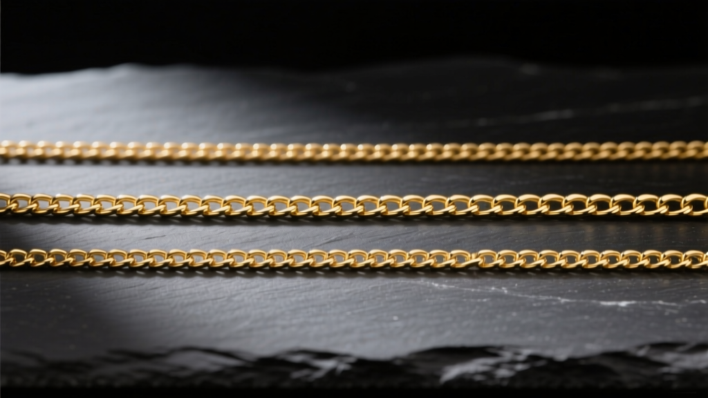 Side-by-side comparison of three gold chain thicknesses, 0.5mm, 0.8mm, and 1.2mm, on a dark slate surface with studio lighting