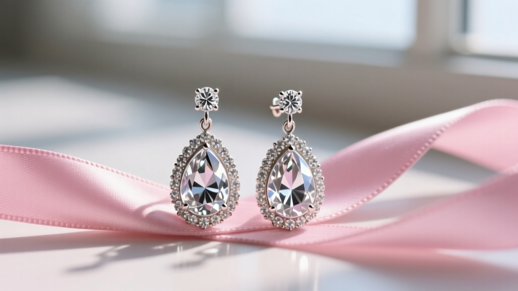 Macro photography of vintage-inspired diamond chandelier earring with pear-cut lab diamonds resting on pink silk ribbon