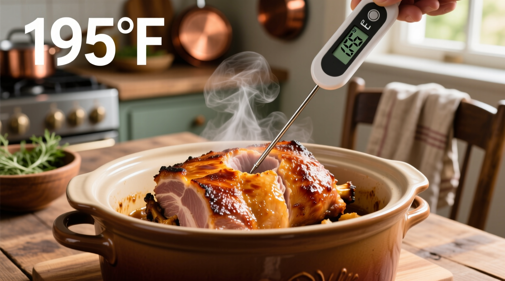 Thermometer checking pork roast internal temperature in crock pot