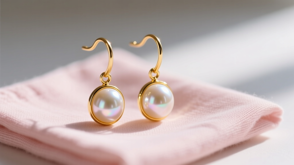 Close-up of handmade 14k gold-filled bridal drop earrings with freshwater pearls on a blush pink linen jewelry polishing cloth