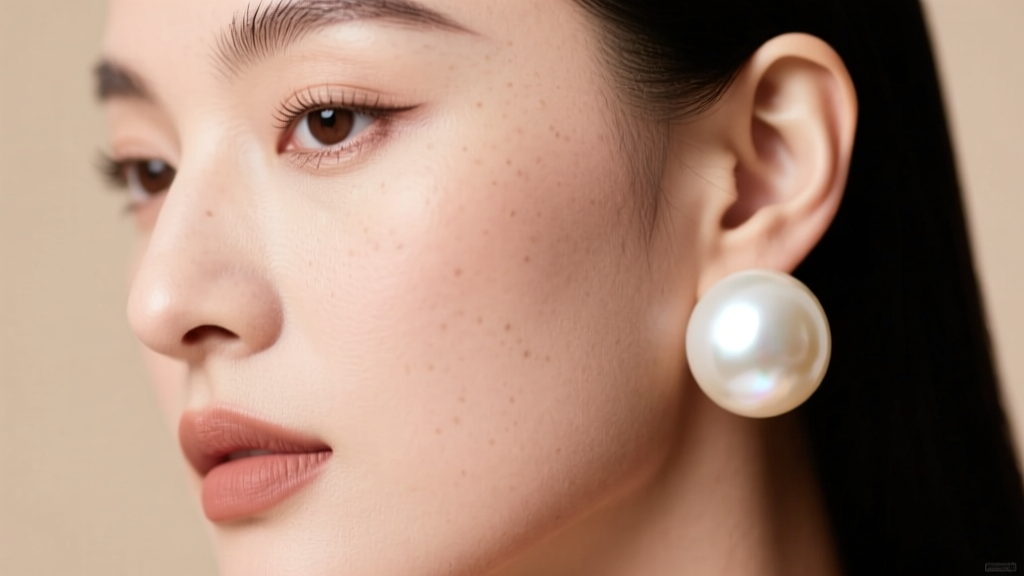 Close-up portrait of a woman wearing a large white South Sea pearl earring, soft studio lighting, minimalist neutral background.