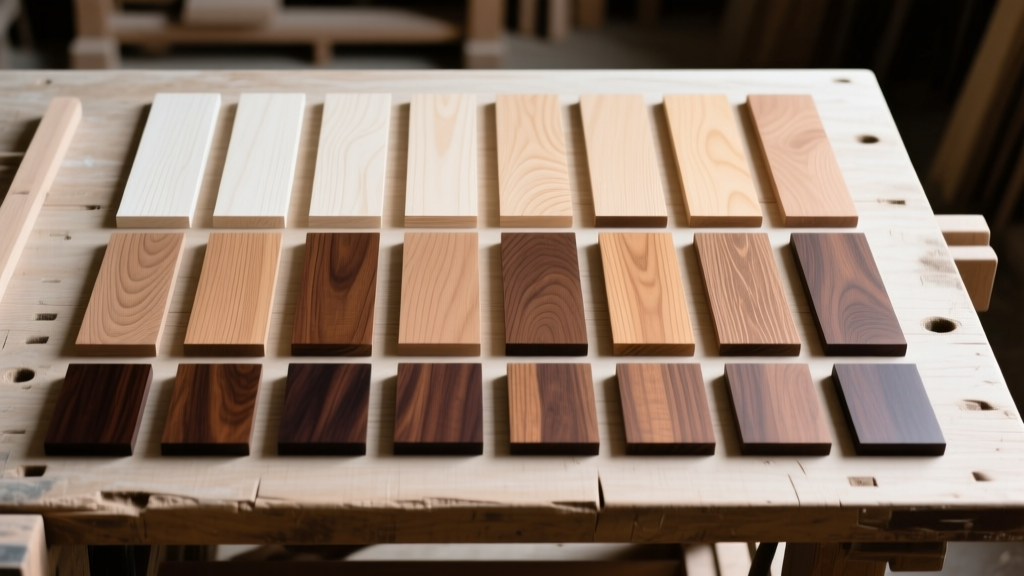 Overhead view of neatly sanded wood species samples arranged in a color gradient from pale white maple to deep dark walnut on a carpenter's workbench
