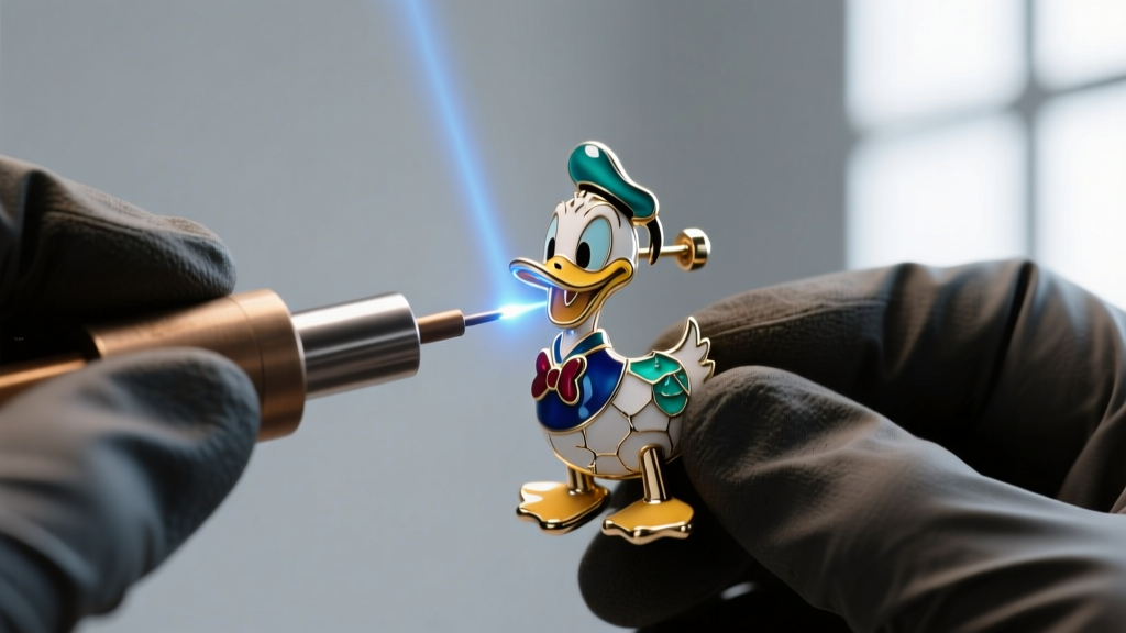 Jeweler using a laser welder to attach a 20-gauge titanium post to a heavy enameled Donald duck earring under magnification