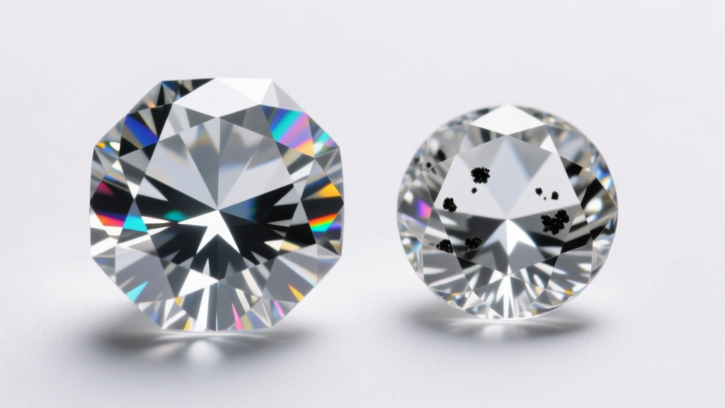 Macro shot comparing flawless cubic zirconia and a natural diamond with visible carbon inclusions under 10x jeweler magnification