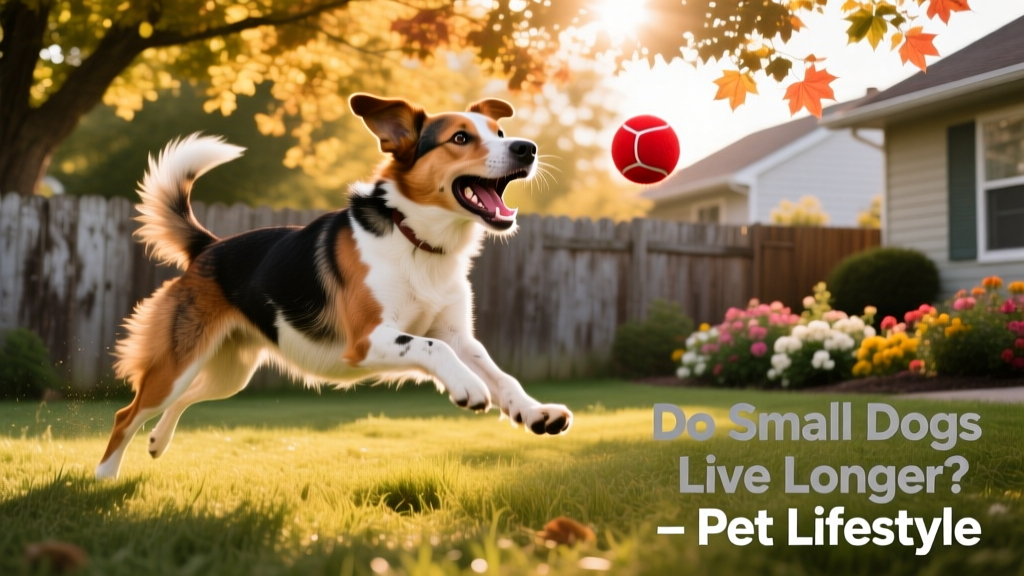 Happy mixed-breed dog playing fetch in a sunlit backyard, symbolizing active, joyful longevity