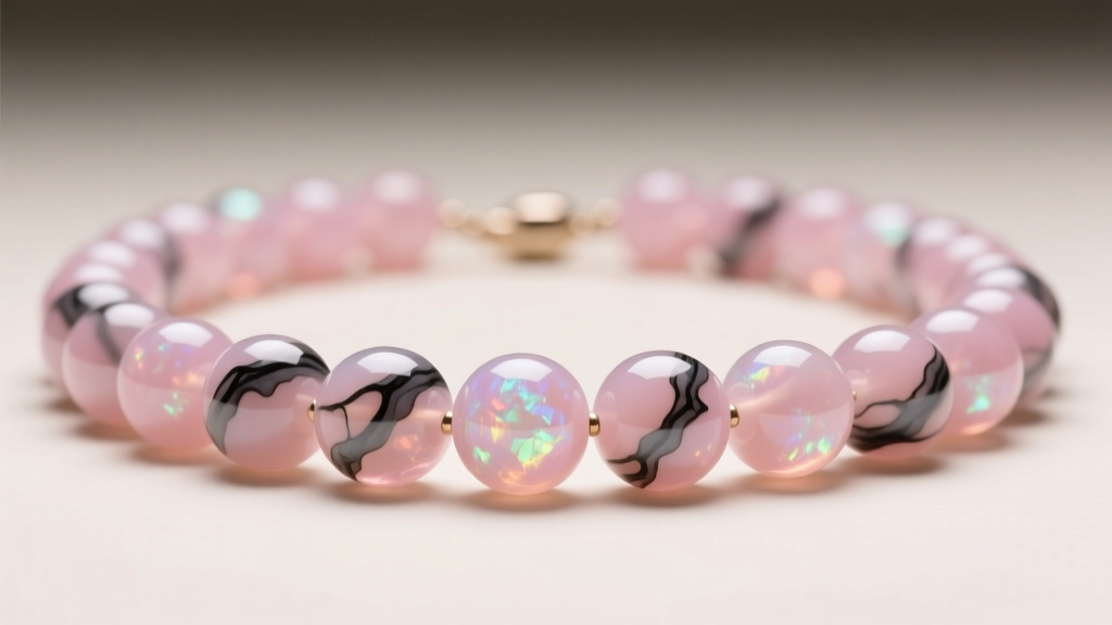 Close-up of a pink opal bead necklace displaying smooth pastel spheres with dark matrix spots under soft studio lighting.