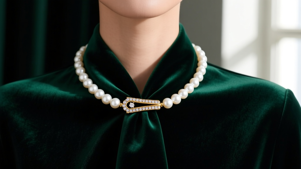 Model wearing an adjustable Akoya pearl tie necklace with a diamond-studded 18k gold slide clasp against dark emerald velvet
