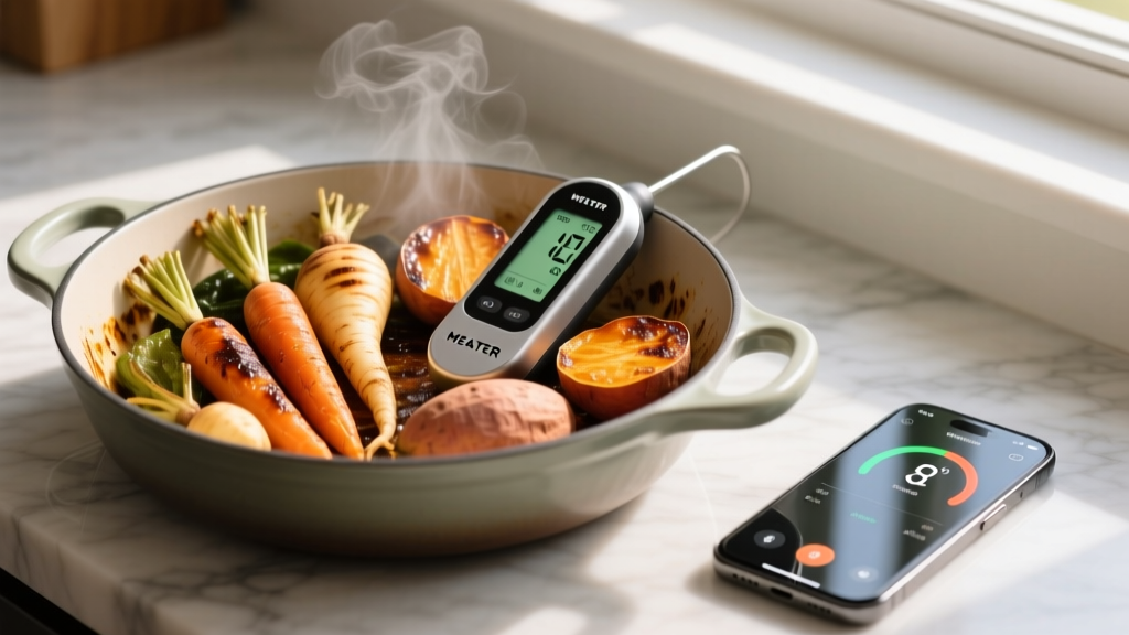 MEATER Plus wireless thermometer resting in a ceramic roasting pan with root vegetables, displaying internal temperature on a nearby smartphone