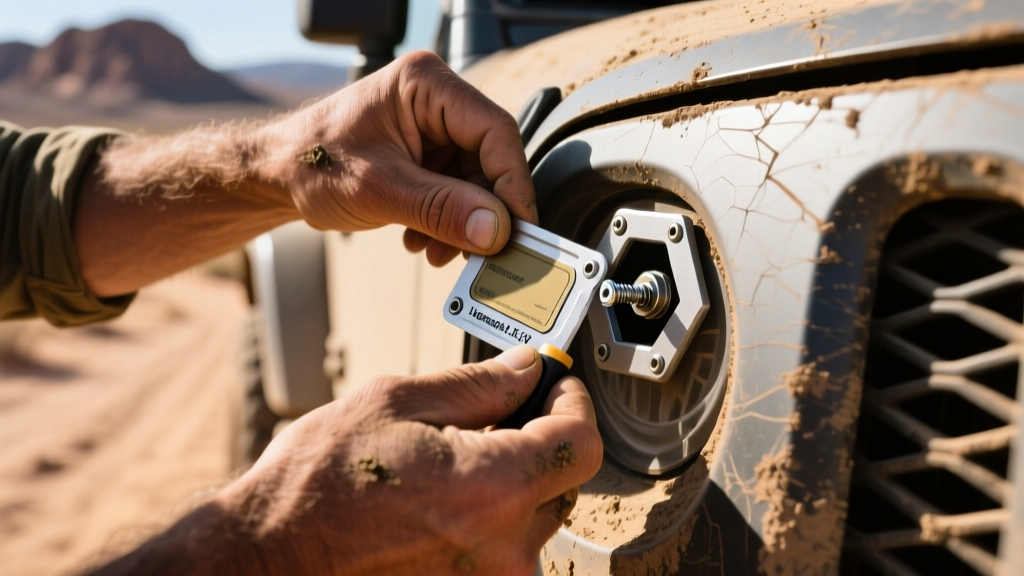 Hands using the hexagonal cutout of a multi camp gadget card to tighten a loose license plate screw on a dusty off-road vehicle