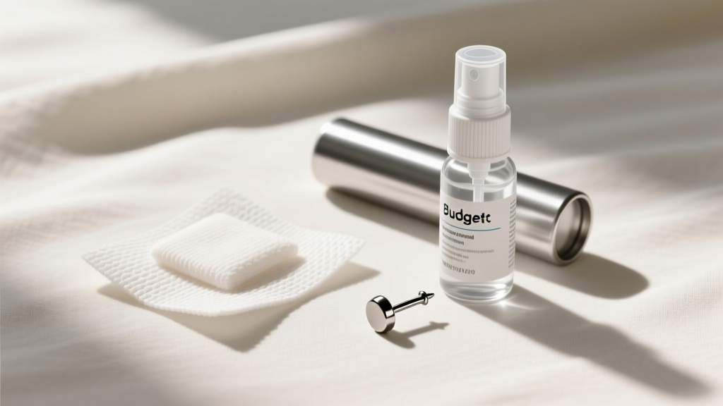 Flat lay of budget piercing aftercare supplies including sterile gauze pads, a saline spray can, and a titanium labret stud