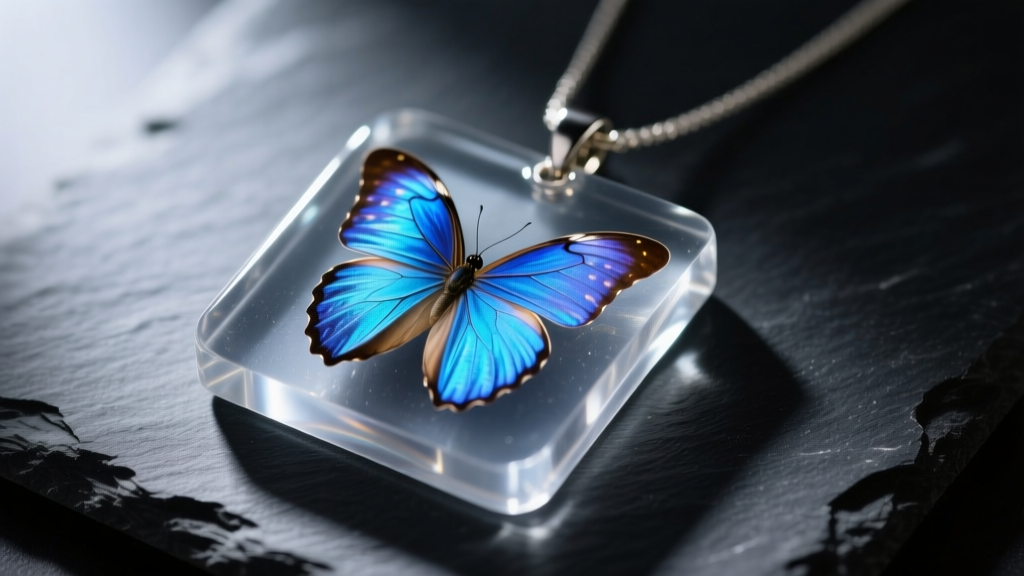 Close-up of a crystal-clear epoxy resin pendant encapsulating a delicate blue morpho butterfly wing, resting on dark slate.