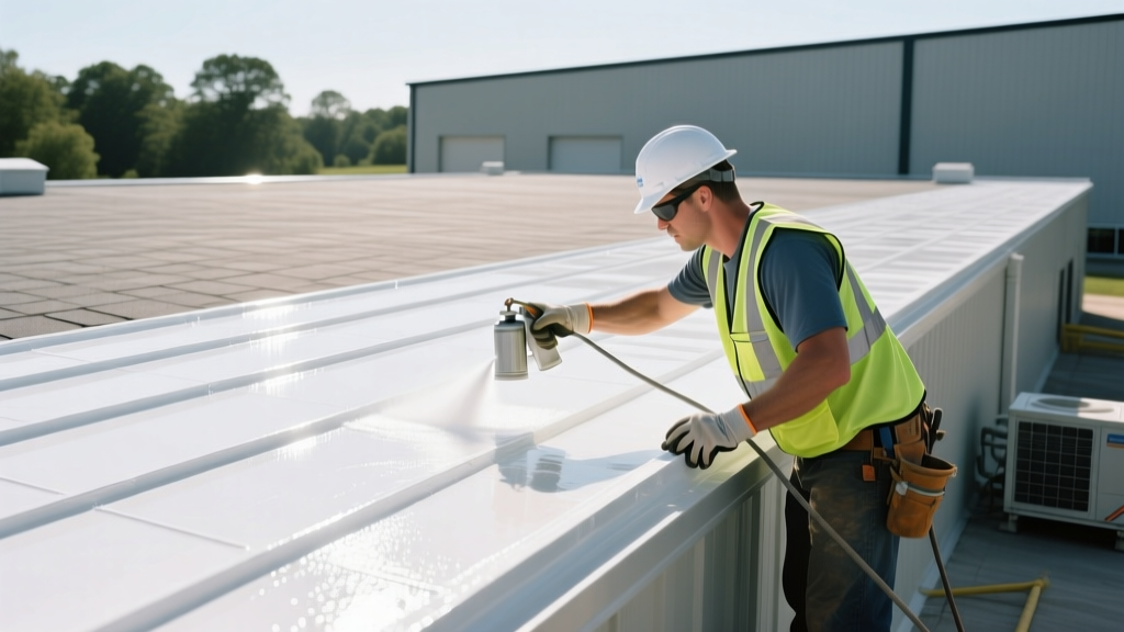 Commercial roofing contractor spraying bright white silicone coating onto a flat modified bitumen roof in Davidson North Carolina during summer
