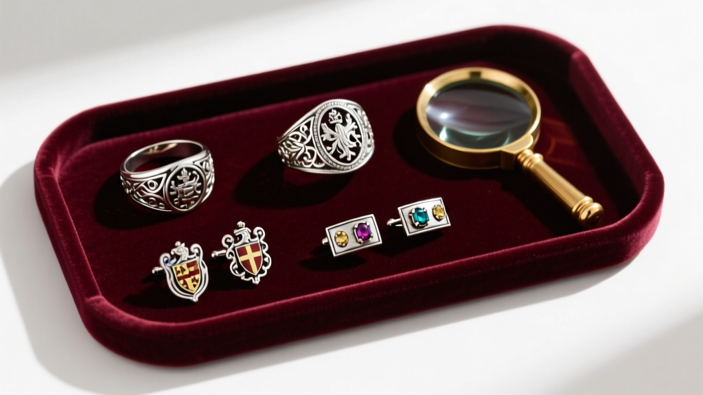 Overhead view of a velvet display tray featuring heavy vintage sterling silver rings, ornate cufflinks, and a polished loupe