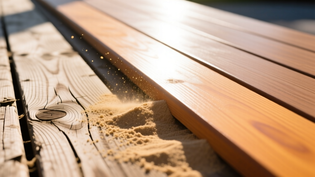 Close-up of a weathered cedar deck board being sanded and sealed next to a pristine composite deck board in bright sunlight