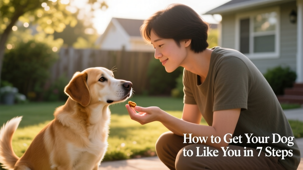 Person crouched beside a relaxed dog, offering a treat from an open palm while maintaining gentle eye contact
