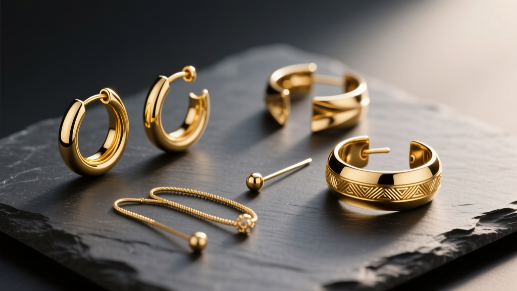 Flat lay of gold huggies, threaders, and ear cuffs on dark slate with soft directional lighting highlighting metal textures