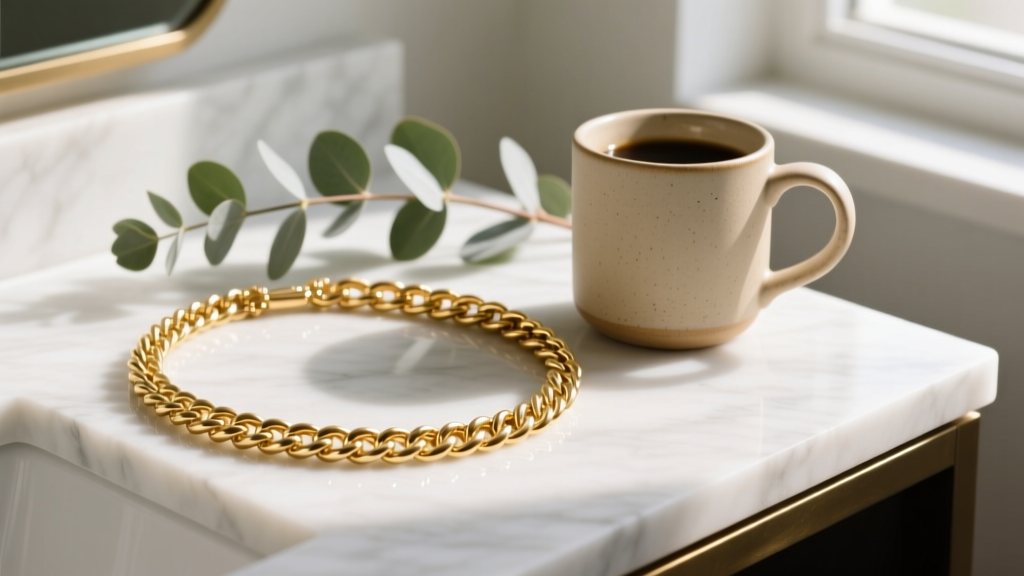 14k solid gold rope chain necklace resting on a marble vanity next to a ceramic coffee mug and eucalyptus in soft morning light.