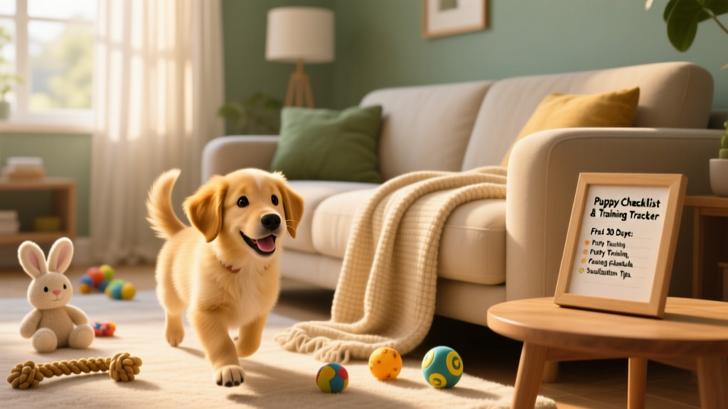 A joyful new puppy exploring a sunlit living room with a soft blanket and a few toys nearby