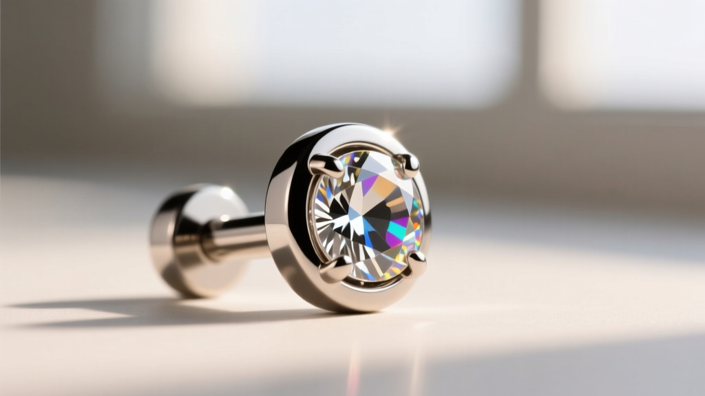 Macro shot of a 16-gauge titanium flat-back labret in a helix piercing, highlighting the mirror polish and bezel gem setting