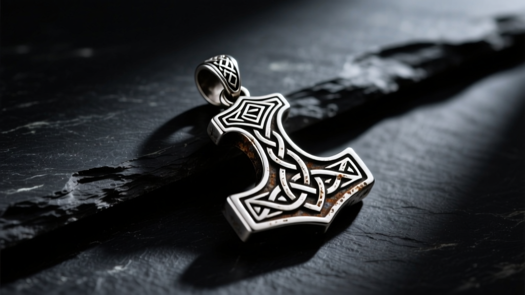 Oxidized 925 sterling silver Mjolnir pendant with Viking knotwork resting on dark slate under moody, directional lighting