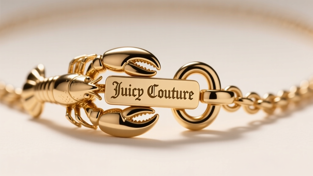 Macro shot of a Juicy Couture necklace lobster clasp, showing the engraved brand hallmark on the metal tag under bright lighting.
