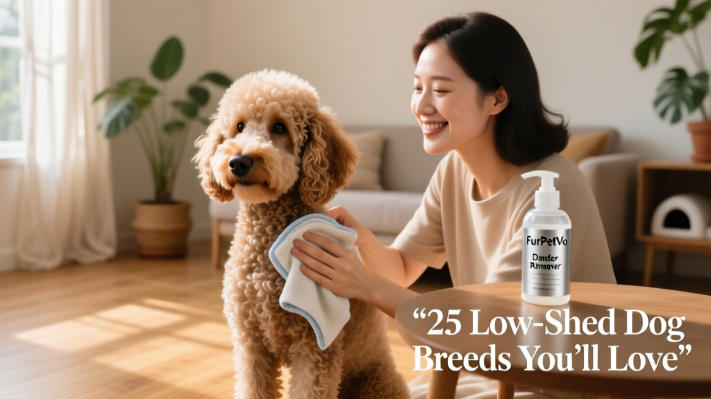 A person gently wiping a Poodle’s coat with a damp cloth while a FurPetVo Dander Remover bottle sits nearby
