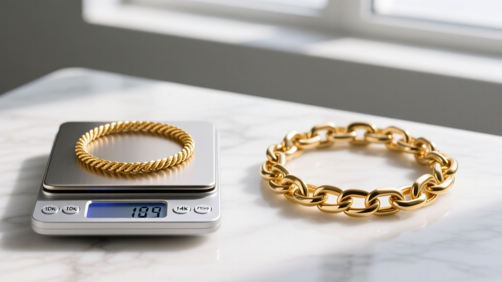 Digital scale weighing a hollow 10k gold rope chain beside a solid 14k Figaro chain, showing contrast in physical gram weight.