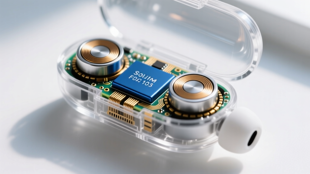 Macro shot of a translucent wireless earbud casing revealing the internal solid-state micro-battery and dual-driver acoustic chamber
