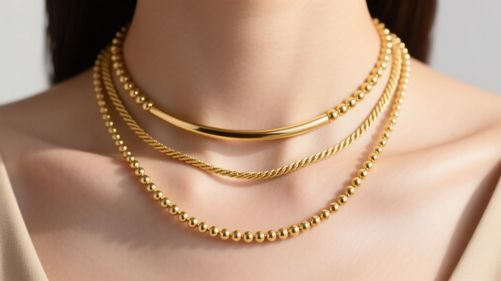 Layered 14k gold necklaces featuring a 2mm bead choker, a 4mm bead princess length, and a plain rope chain on a collarbone.