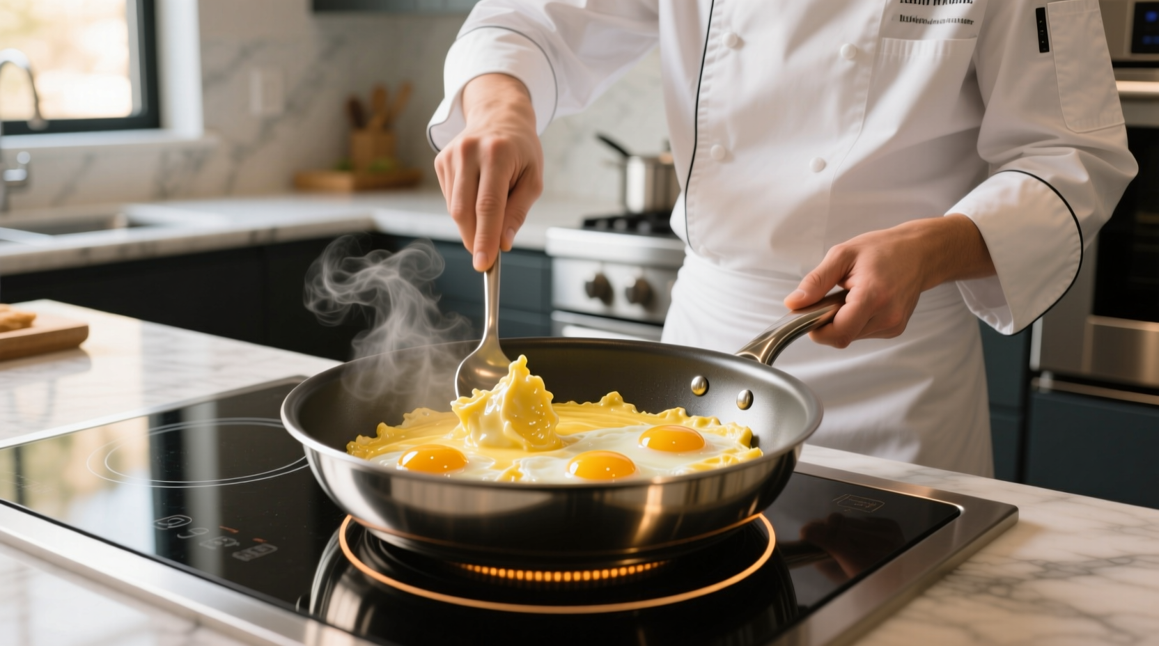 Chef stirring creamy scrambled eggs in non-stick pan