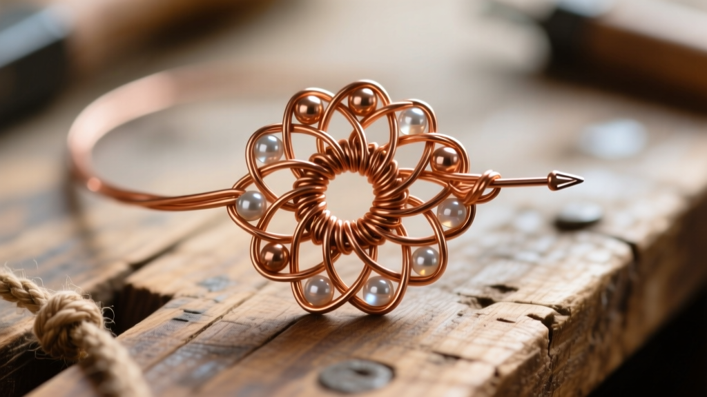 Macro view of 28-gauge copper wire crocheted with seed beads, showing tight hook tension on a rustic wooden workbench surface