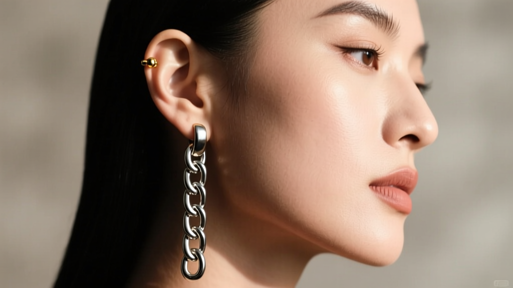 Side profile showing an asymmetrical ear curation, featuring a heavy silver chain earring on one side and minimalist gold studs