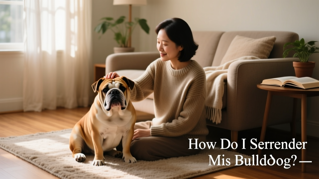 A calm, well-groomed Bulldog sitting beside a caring person in a quiet room