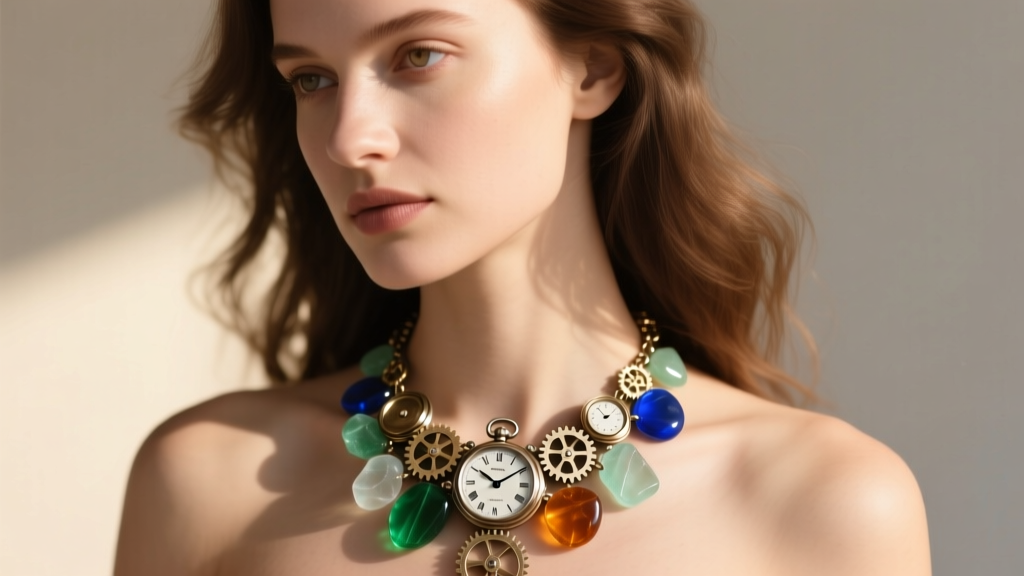 Artistic portrait of a woman wearing a mixed-metal assemblage necklace with vintage watch parts and sea glass in natural sunlight