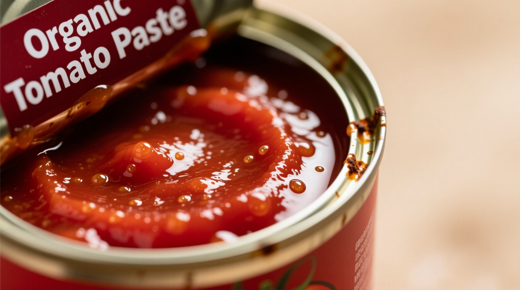 Close-up of fresh tomato paste in can