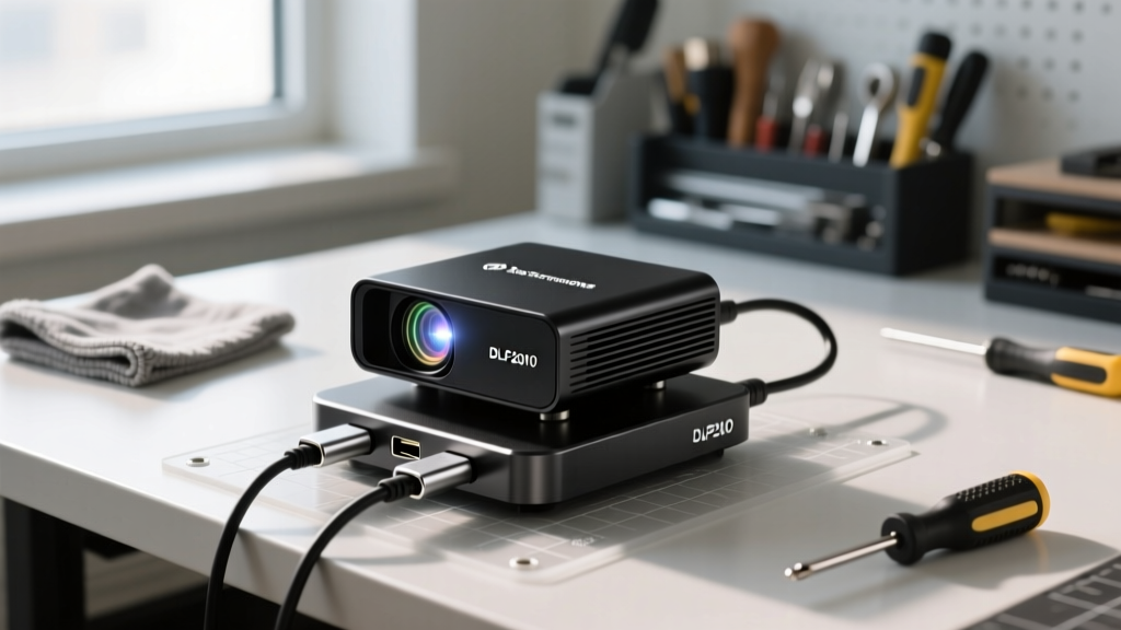Texas Instruments DLP2010 pico projector module connected to a matte black aluminum USB-C hub on an ESD-safe maker workbench.
