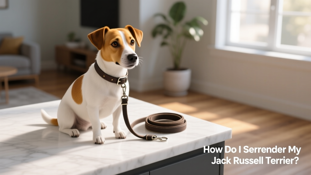 A calm, well-groomed Jack Russell Terrier sitting beside a folded leash and collar on a clean indoor surface