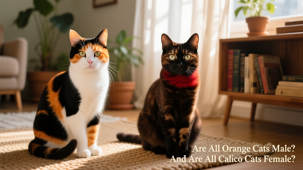 Side-by-side comparison showing a calico cat and a tortoiseshell cat
