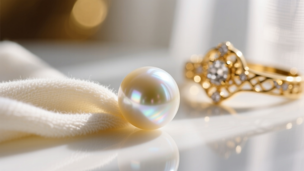 Soft microfiber cloth gently wiping a lustrous pearl, with a blurred gold clasp in the background under warm light.